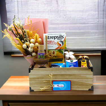 Winter Wellness Crate, Strepsil, Panadol, Honey, Vicks Vaporub, Oranges, Lemons, Diffuser, Oil Burner, Dried Flowers, Crate